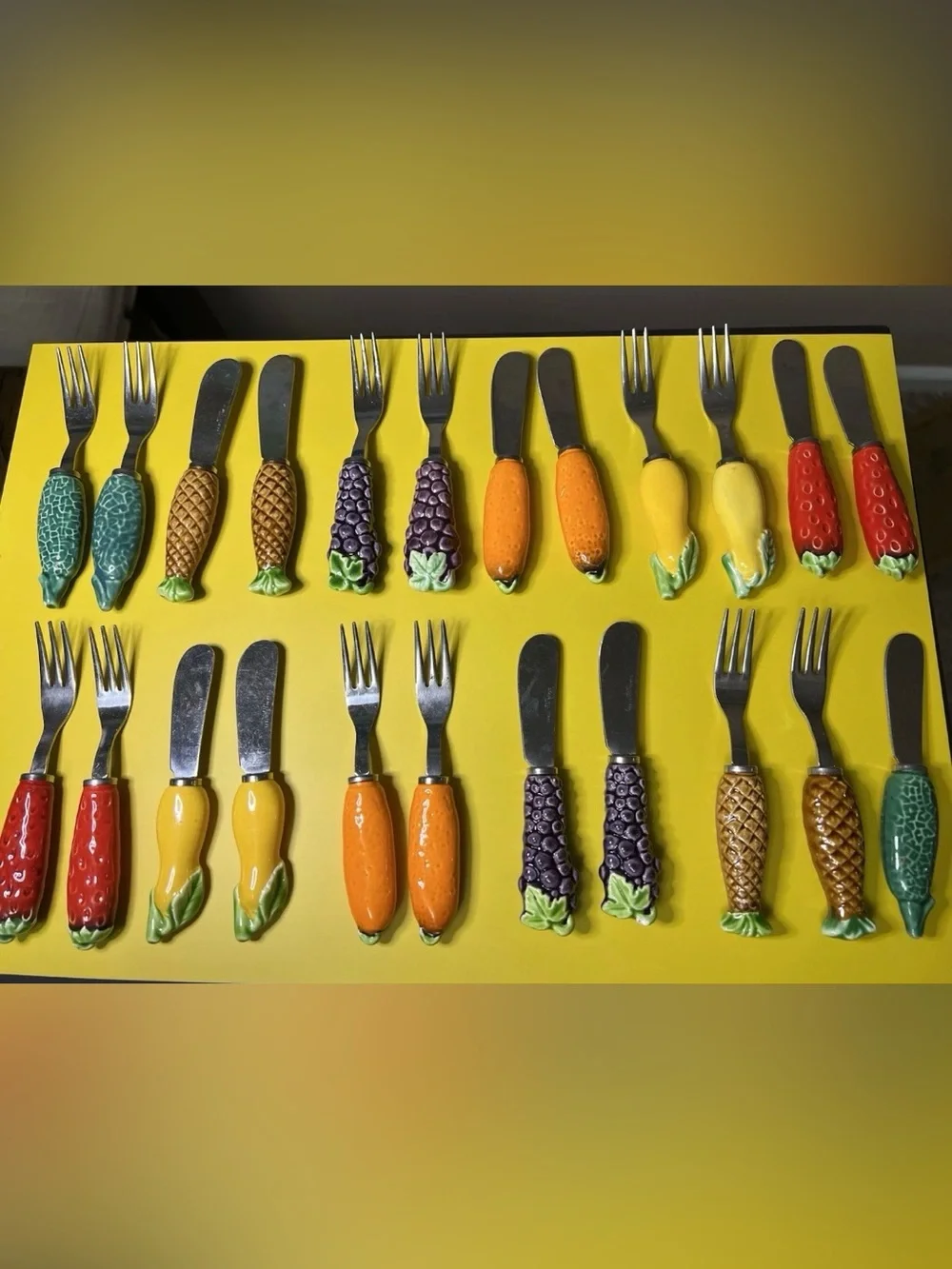 Vintage Japan Fruit Handle Flatware Set Ceramic Knives Forks Stainless Steel